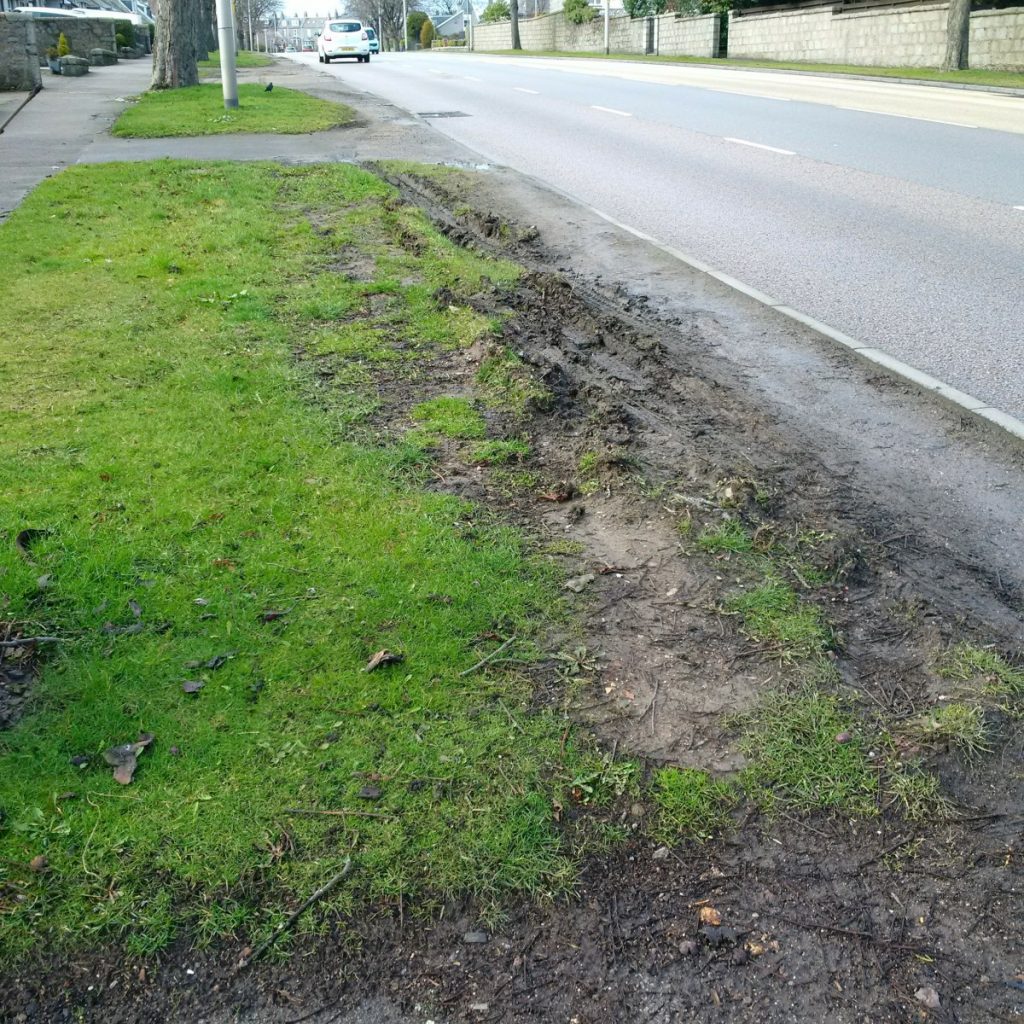 Photo of churned up grass verge